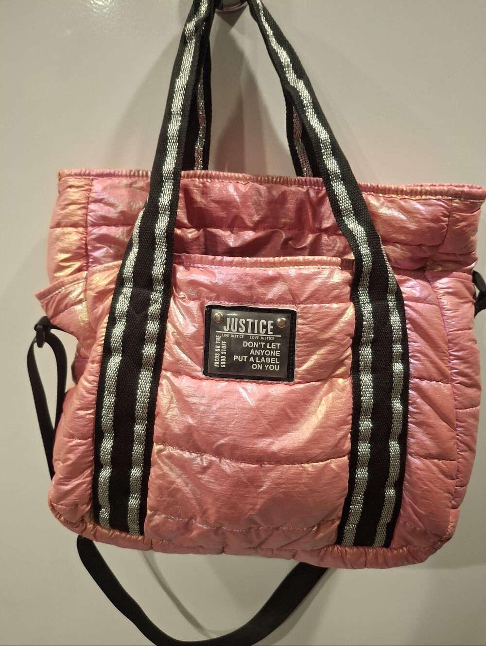 Justice Shimmery Pink Quilted Tote with Black & Silver Striped Handles